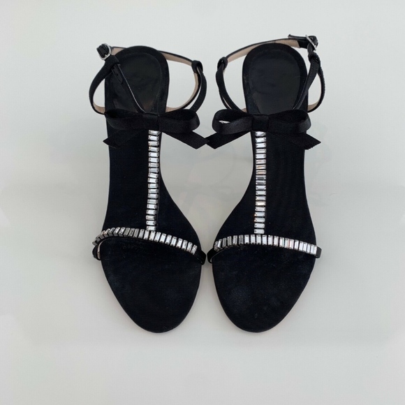 GIUSEPPE ZANOTTI BLACK GROSGRAIN CRYSTAL SANDALS SIZE IT 37.5 / US 7.5